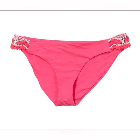 🌴Becca Women Pink Virtue Avery Crochet Tab Side Hipster Bikini Bottom NWOT Sz XL - Picture 1 of 9